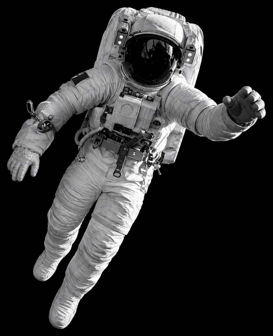 Astronauta flotando en el espacio, blanco y negro